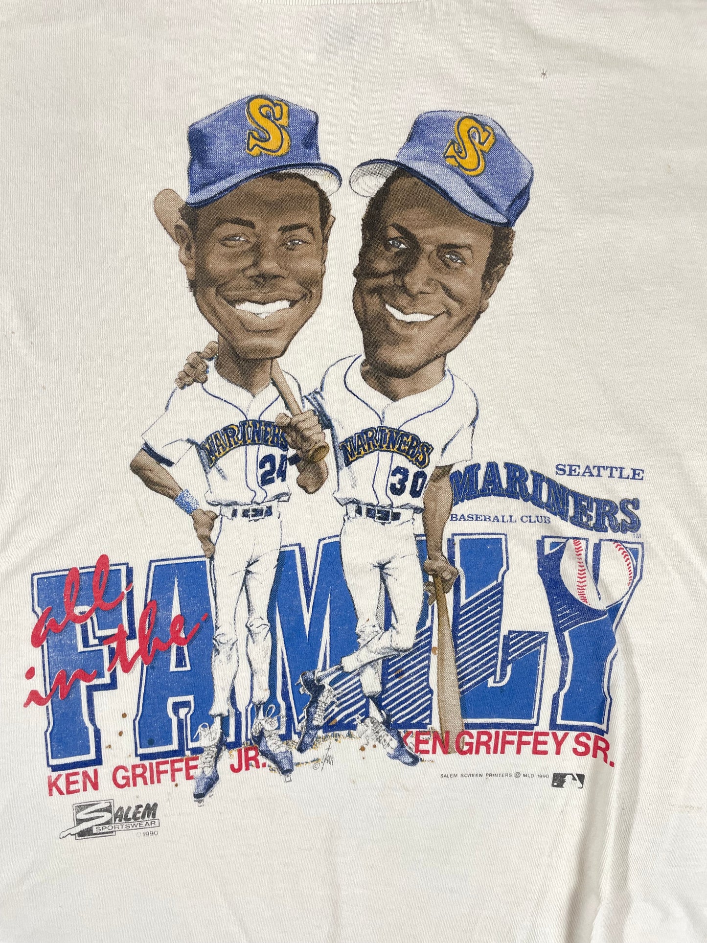 90s Seattle Mariners Ken Griffey Jr/Sr Caricature THRASHED Shirt Large