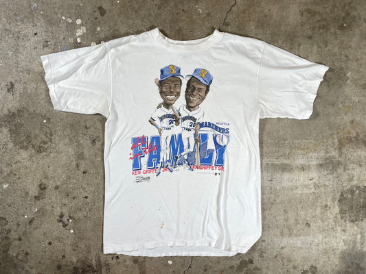 90s Seattle Mariners Ken Griffey Jr/Sr Caricature THRASHED Shirt Large